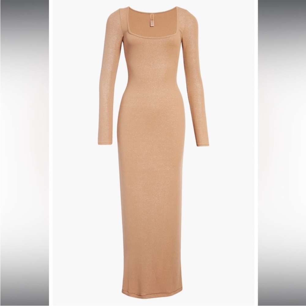 SKIMS Soft Lounge Long Sleeve Maxi Dress in Camel Foil (gold shimmer edition)